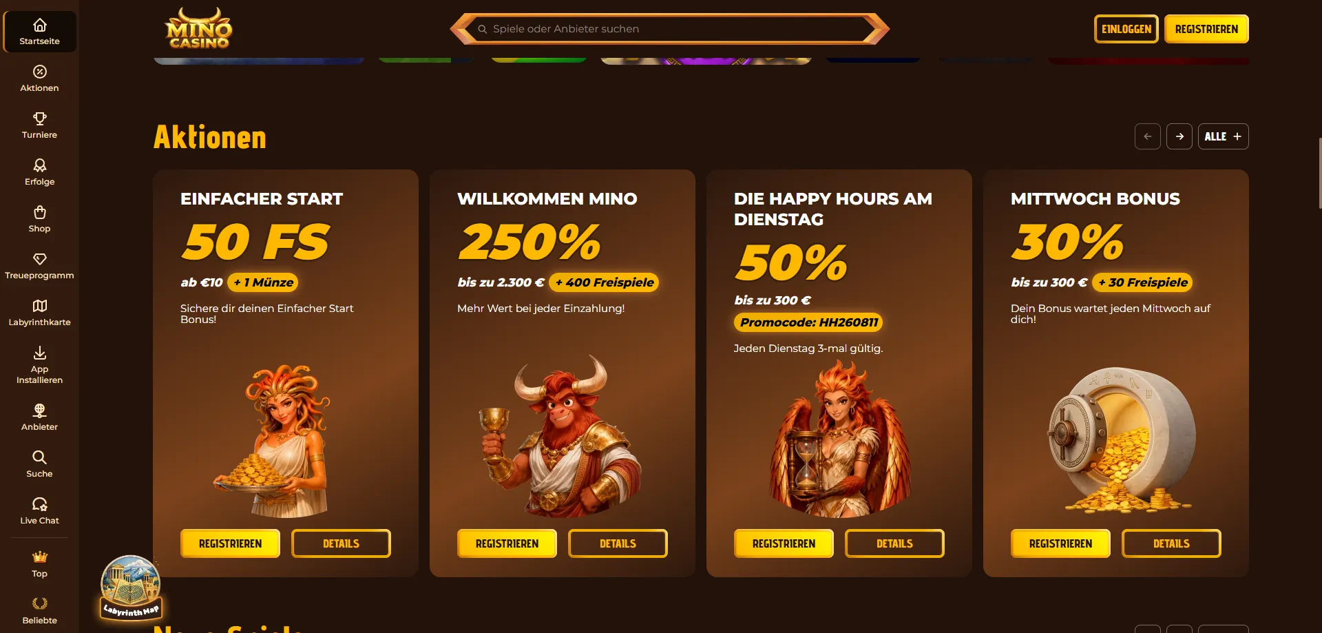 Mino Casino Willkommensbonus – bis zu €500 plus Freispiele sichern